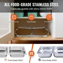 VEVOR Juego de bufé de platos de frotamiento, 8 cuartos de galón, paquete de 6, Chafer de acero inoxidable con 6 sartenes de tamaño completo, Servidor de calentador de catering rectangular con tapa Bandeja de agua Soporte plegable Soporte de combustible Bandeja Cuchara Clip, al menos 8 personas cada uno