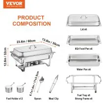 VEVOR Juego de bufé de platos de frotamiento, 8 cuartos de galón, paquete de 6, Chafer de acero inoxidable con 6 sartenes de tamaño completo, Servidor de calentador de catering rectangular con tapa Bandeja de agua Soporte plegable Soporte de combustible Bandeja Cuchara Clip, al menos 8 personas cada uno