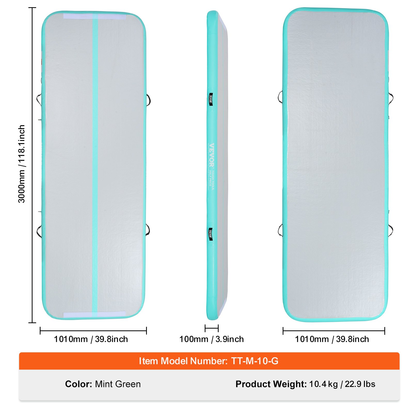 Colchoneta inflable para gimnasia VEVOR de 10 cm de grosor, con bomba eléctrica, ideal para uso doméstico, gimnasio, yoga, animación, playa, parque y agua, 3 m, color verde menta.