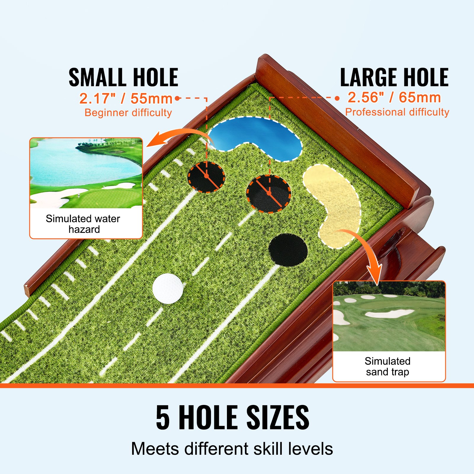 Tapete de práctica de golf VEVOR, green de práctica de golf para interiores de 5 hoyos, ayuda de entrenamiento de golf sin arrugas, juego de minigolf con retorno automático de bolas, guía de alineación, 3 bolas, base de madera, regalo para practicar golf en casa o en la oficina.