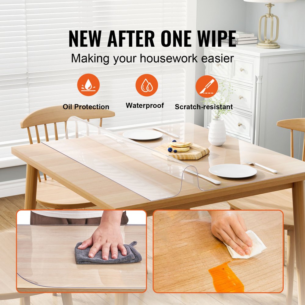 Protector de mesa VEVOR que presenta características de protección contra aceite, impermeable y resistente a rayones.