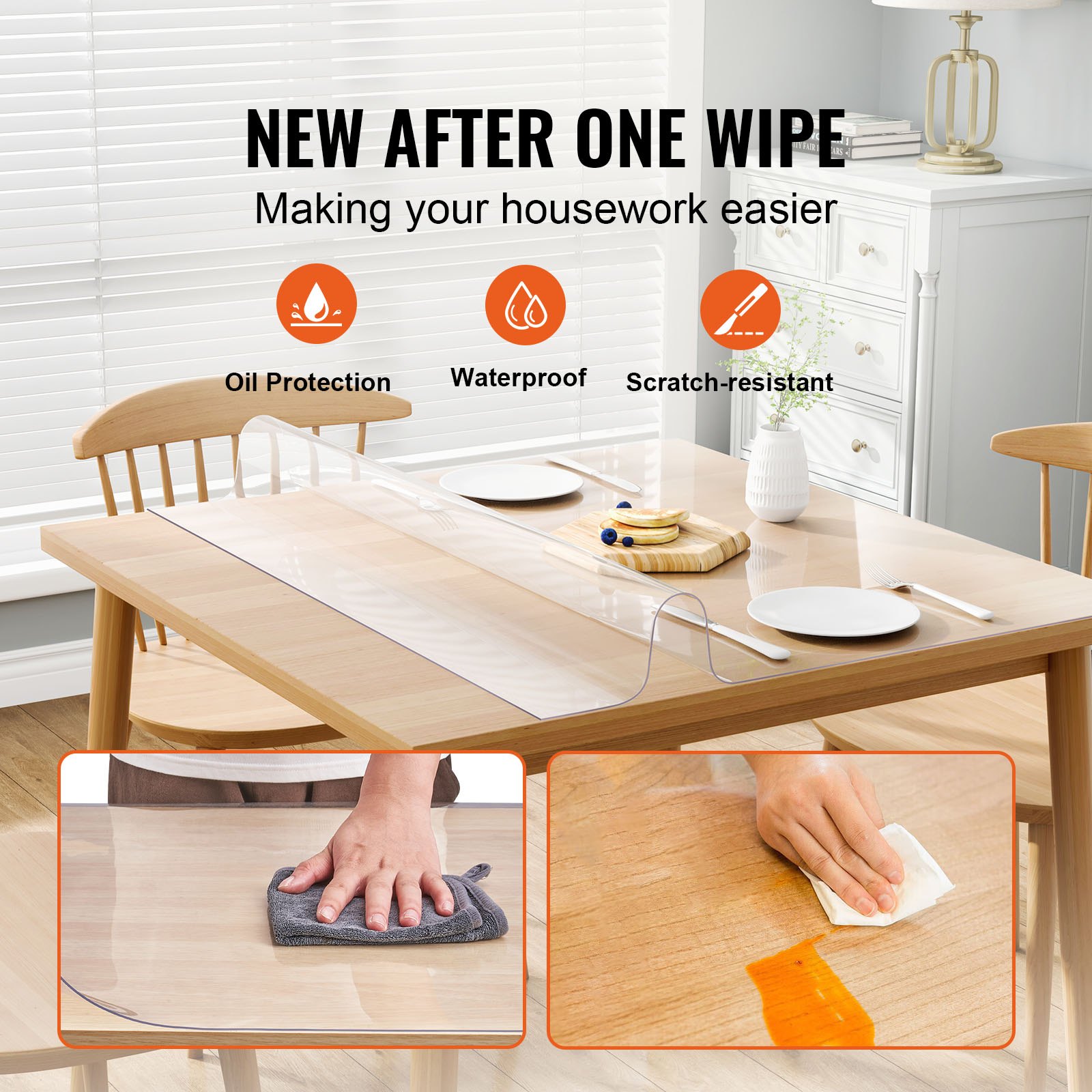 Protector de mesa VEVOR que presenta características de protección contra aceite, impermeable y resistente a rayones.