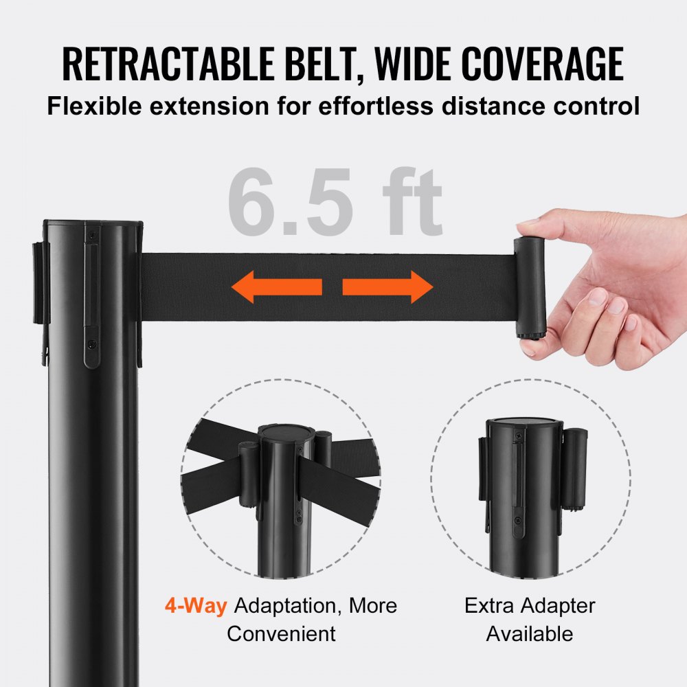 Postes de control de multitudes VEVOR con cinturón retráctil de 6,5 pies, adaptación de 4 direcciones y adaptador adicional disponible.
