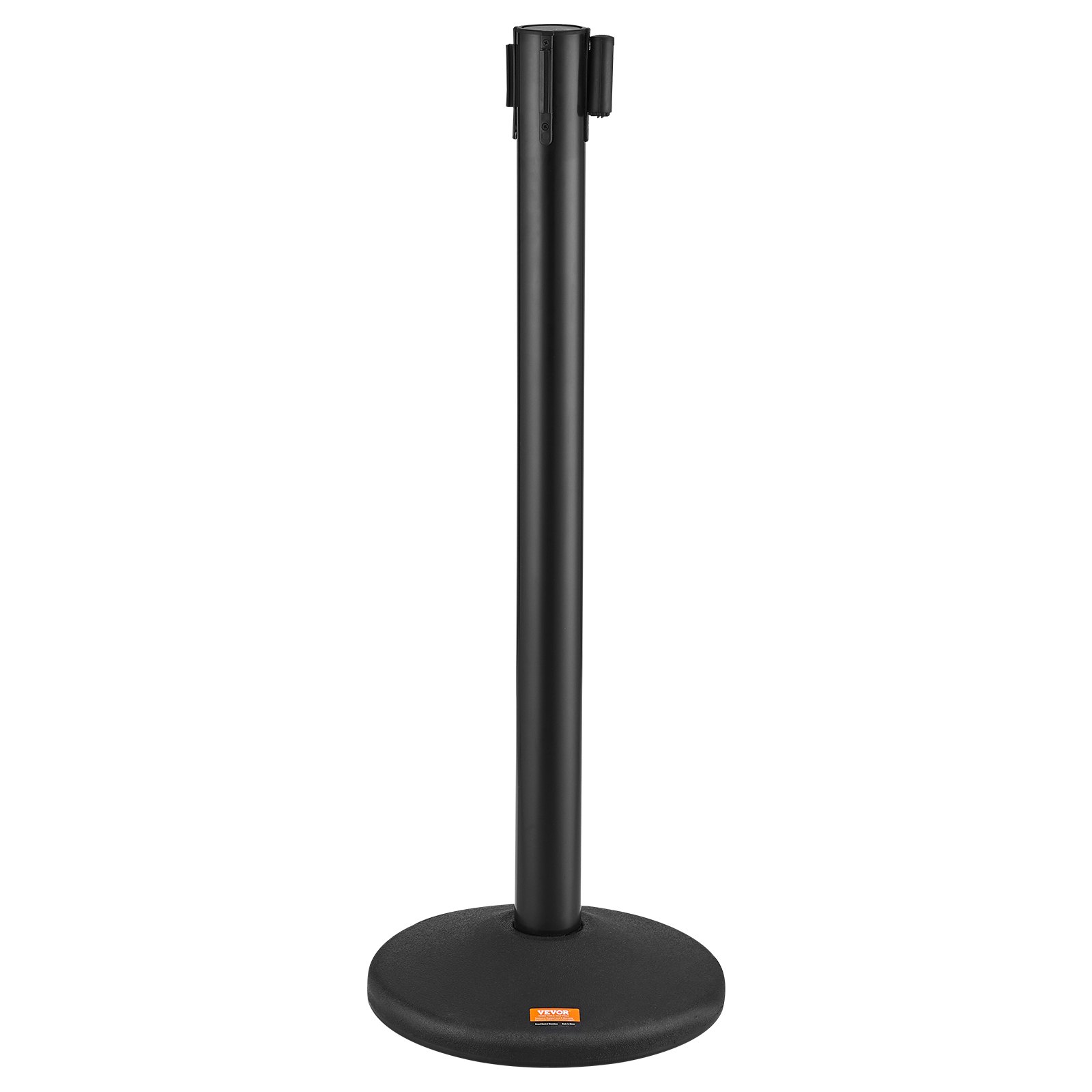 Poste de control de multitudes VEVOR negro con cinturón retráctil y base resistente.