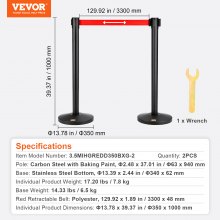 VEVOR Postes de control de multitudes, paquete de 2 barreras de control de multitudes, poste de cola de poste pintado para hornear de acero al carbono con cinturón retráctil rojo de 11 pies, barreras de cinturón divisor de línea para exposición, aeropuerto