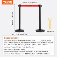 VEVOR Postes de control de multitudes, paquete de 2 barreras de control de multitudes, poste de cola de poste pintado para hornear de acero al carbono con cinturón retráctil rojo de 11 pies, barreras de cinturón divisor de línea para exposición, aeropuerto