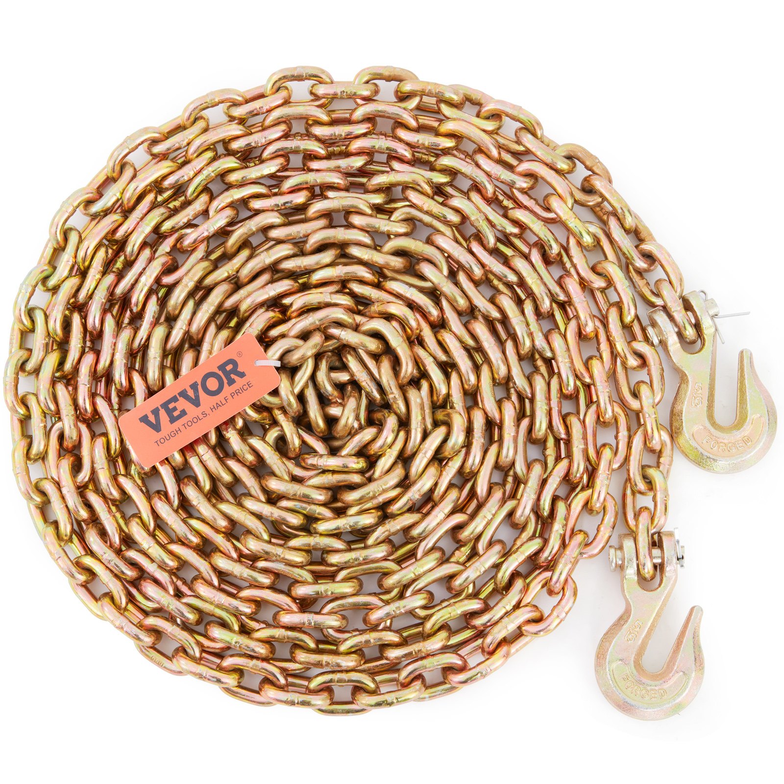 Cadena de remolque VEVOR, capacidad de carga de 2200 kg, amarre de cadena de remolque G80 de 5/16'' x 20' con ganchos de agarre, certificación DOT, revestimiento galvanizado de acero al manganeso para muelles, fábricas y obras de construcción, paquete de 2