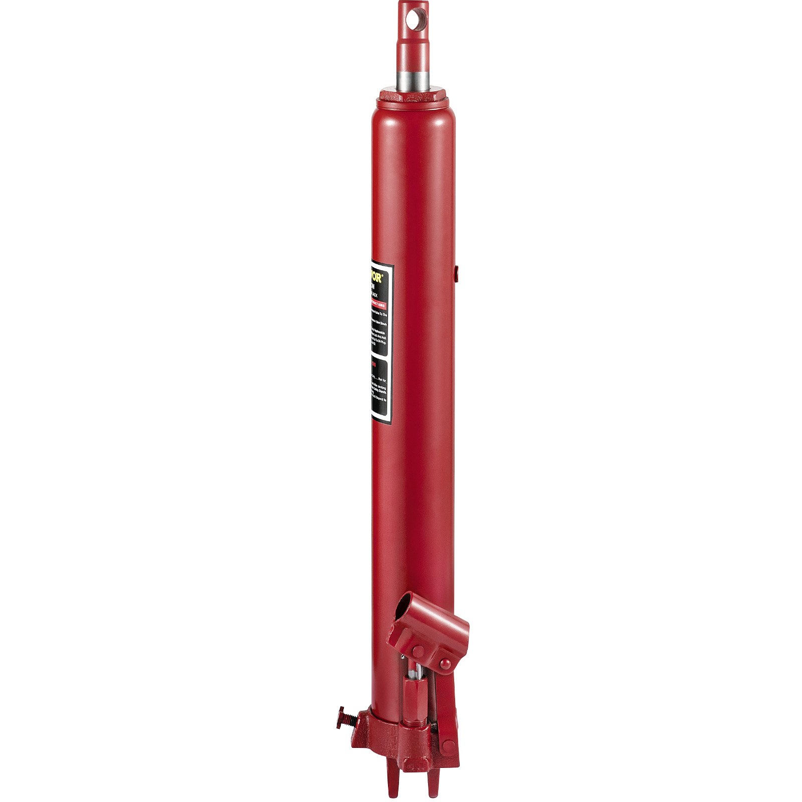 Gato hidráulico VEVOR rojo de ariete largo con base ajustable y brazo de pistón superior.