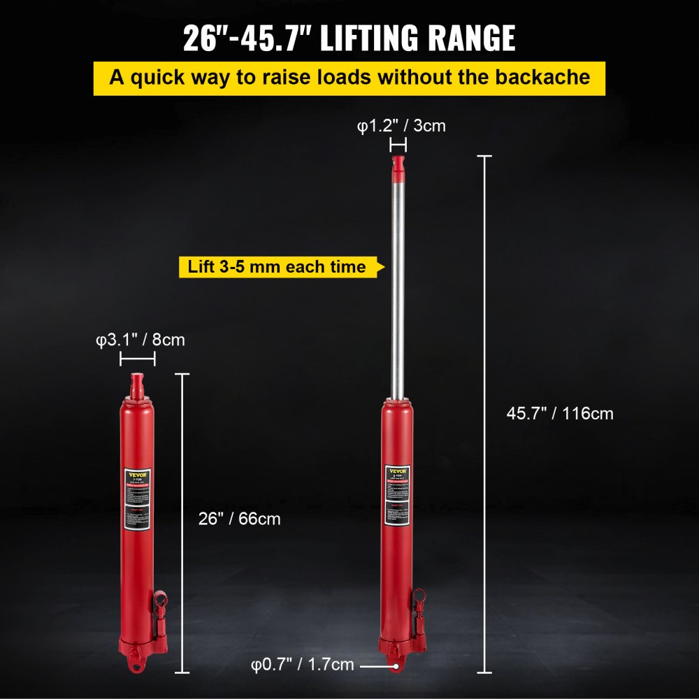 Gato hidráulico VEVOR, rango de elevación 26&quot;-45,7&quot;, cilindros rojos verticales con medidas.