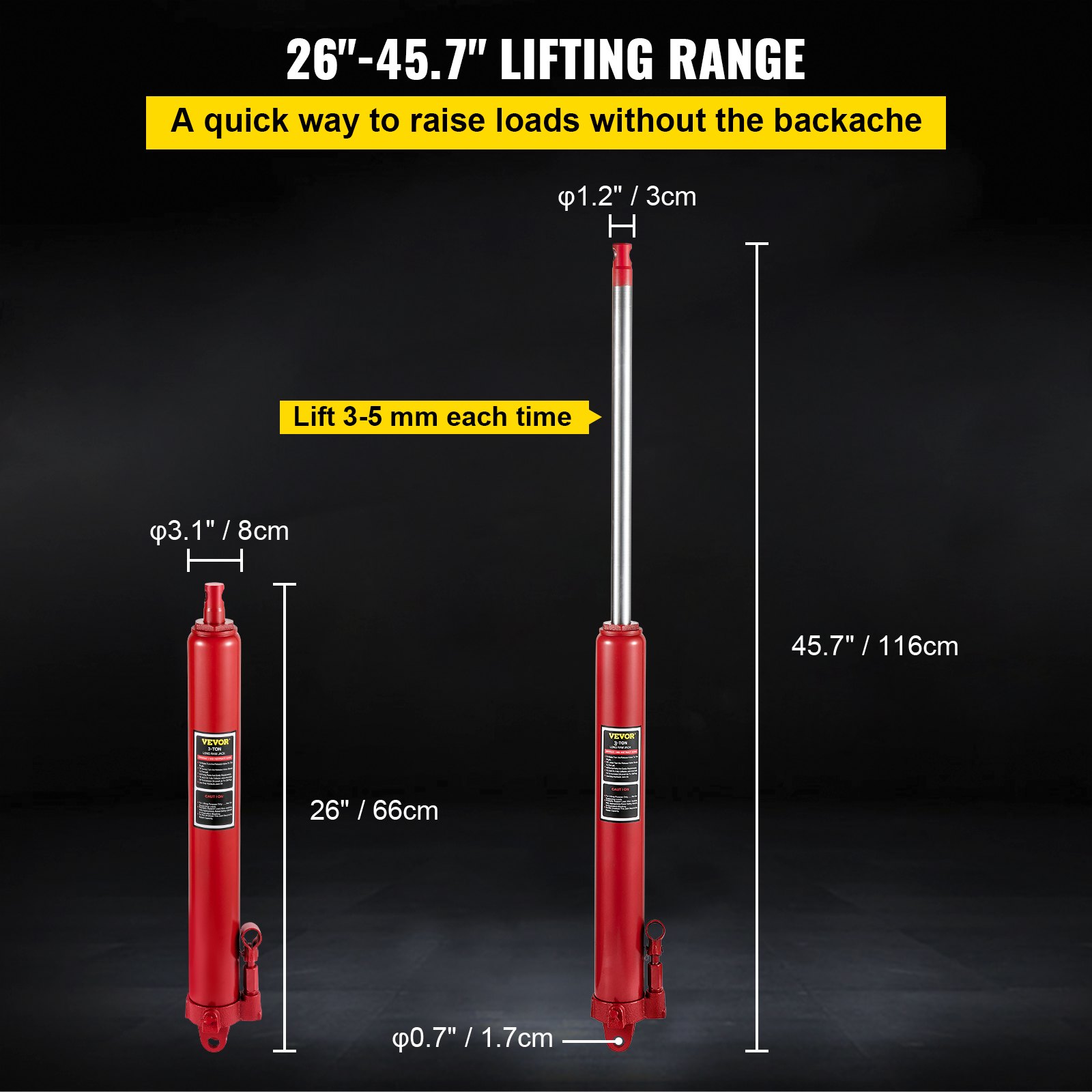 Gato hidráulico VEVOR, rango de elevación 26&quot;-45,7&quot;, cilindros rojos verticales con medidas.