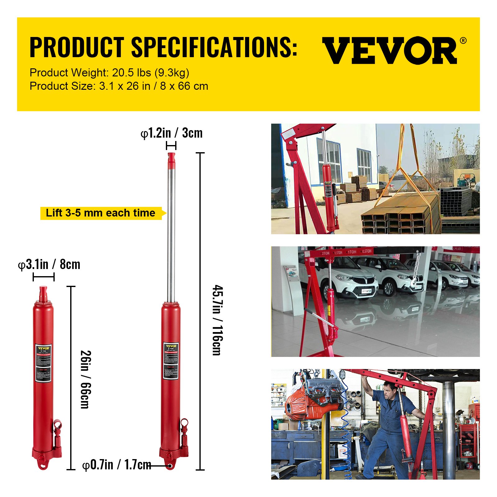 Gato hidráulico de carnero largo VEVOR, capacidad de 3 toneladas/6600 lbs, con bomba de pistón único y base de horquilla, selector de cereza manual con manija, para grúas de garaje/taller, elevador de motor, rojo
