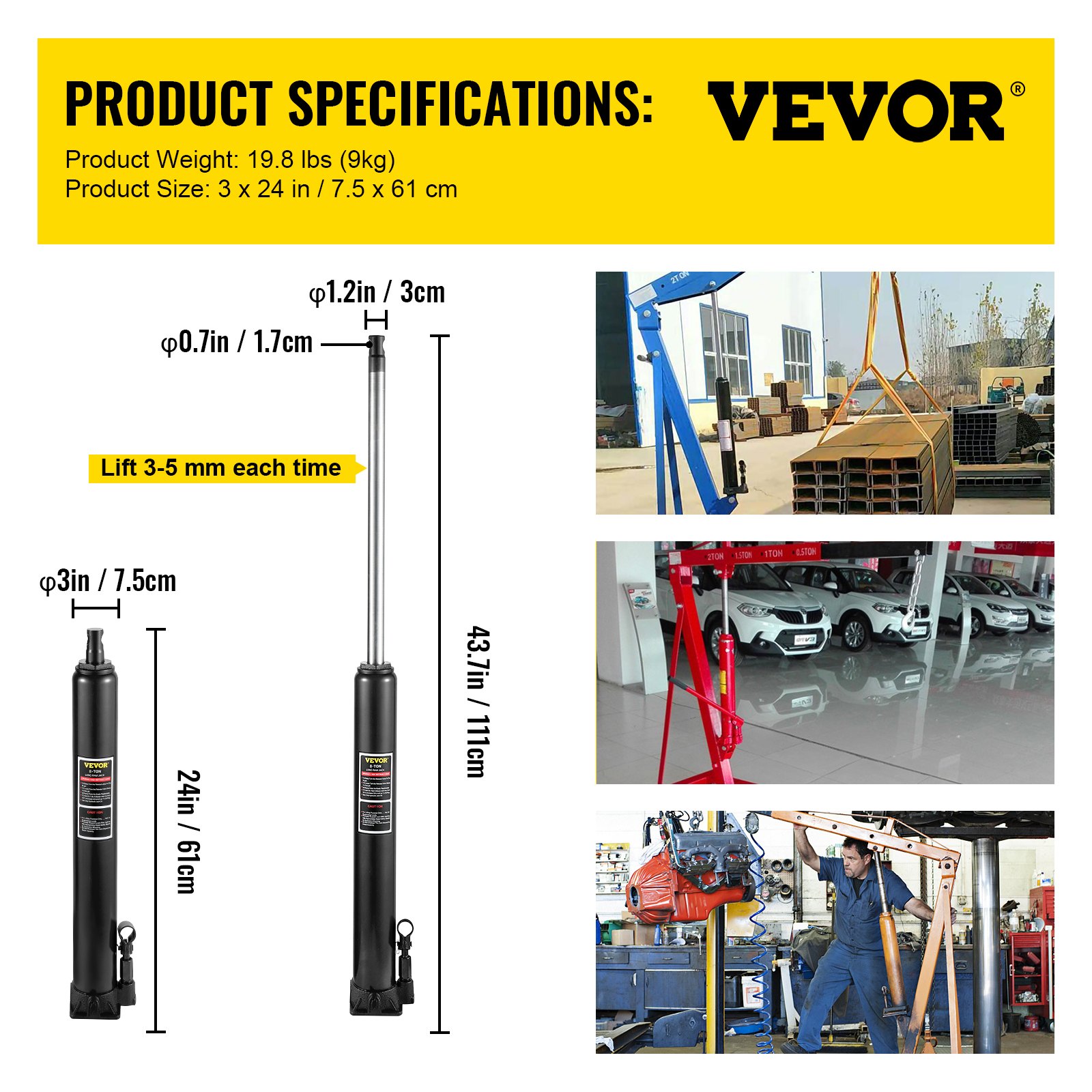 Gato hidráulico de carnero largo VEVOR, capacidad de 8 toneladas/17636 lbs, con bomba de pistón único y base de horquilla, selector de cereza manual con manija, para grúas de garaje/tienda, elevador de motor, negro
