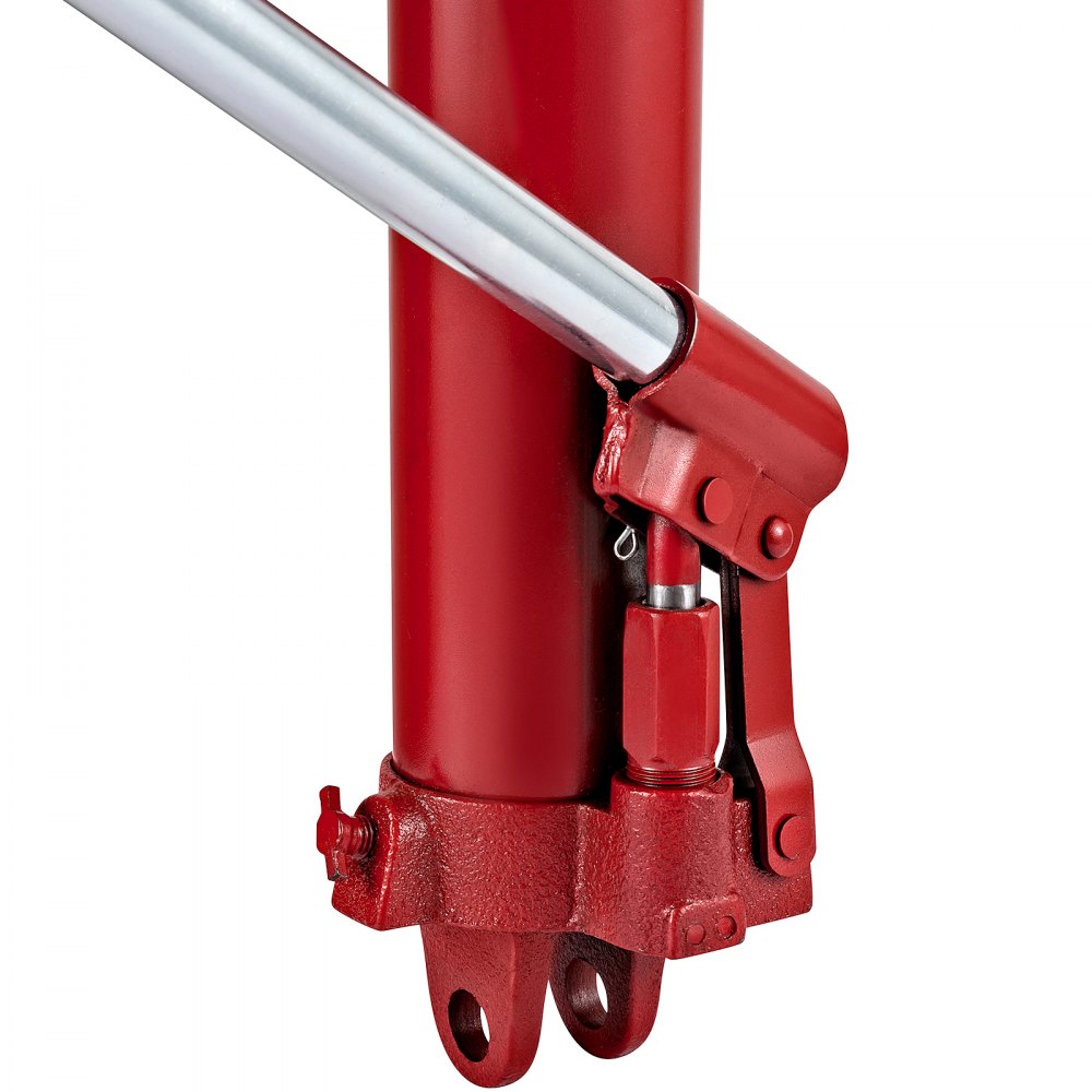 Gato hidráulico largo VEVOR rojo con varilla de metal, detalle de primer plano.