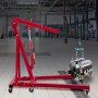 Gato hidráulico largo VEVOR rojo que levanta un motor en un taller de garaje.