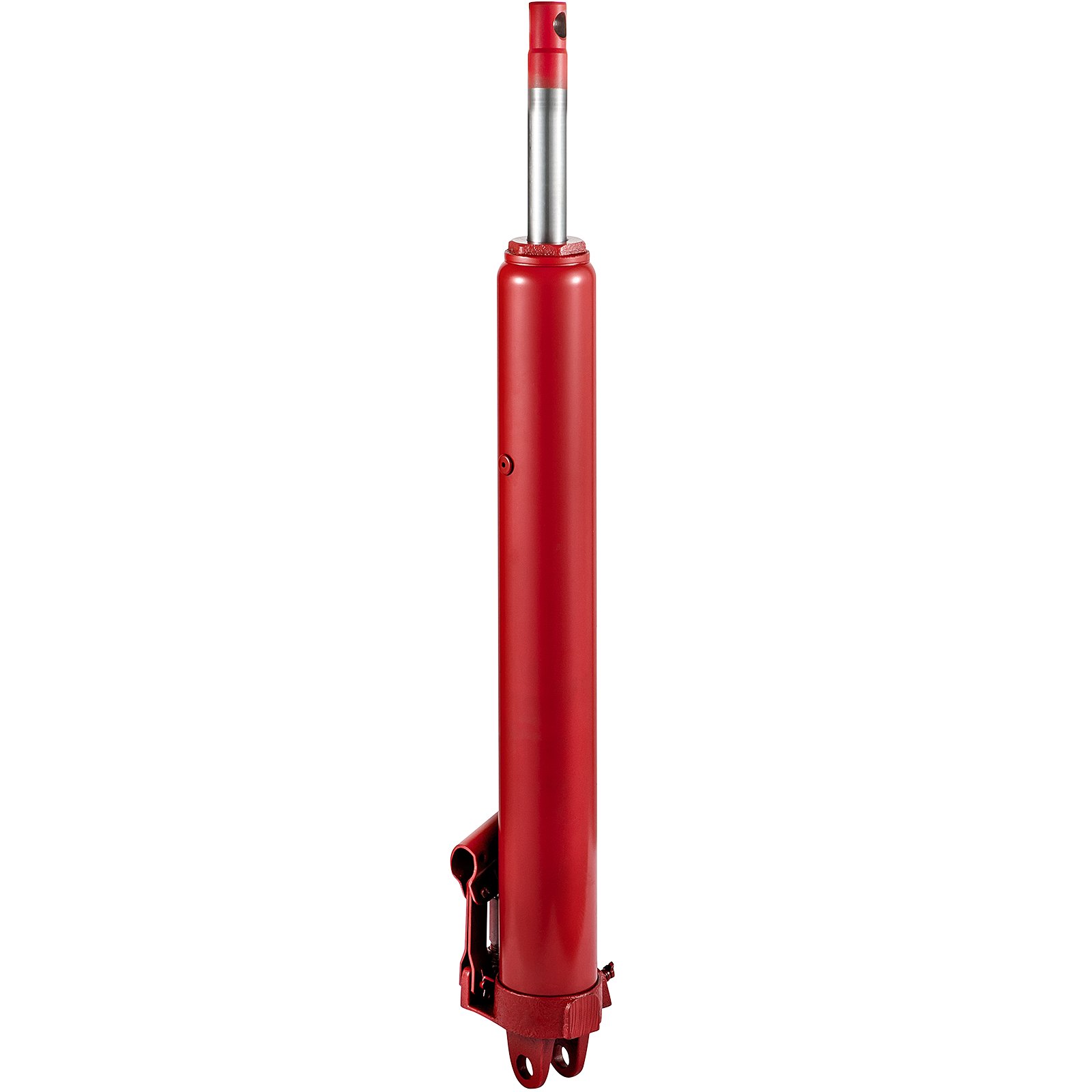 Gato hidráulico VEVOR rojo de cilindro largo con pistón extendido y base de montaje.