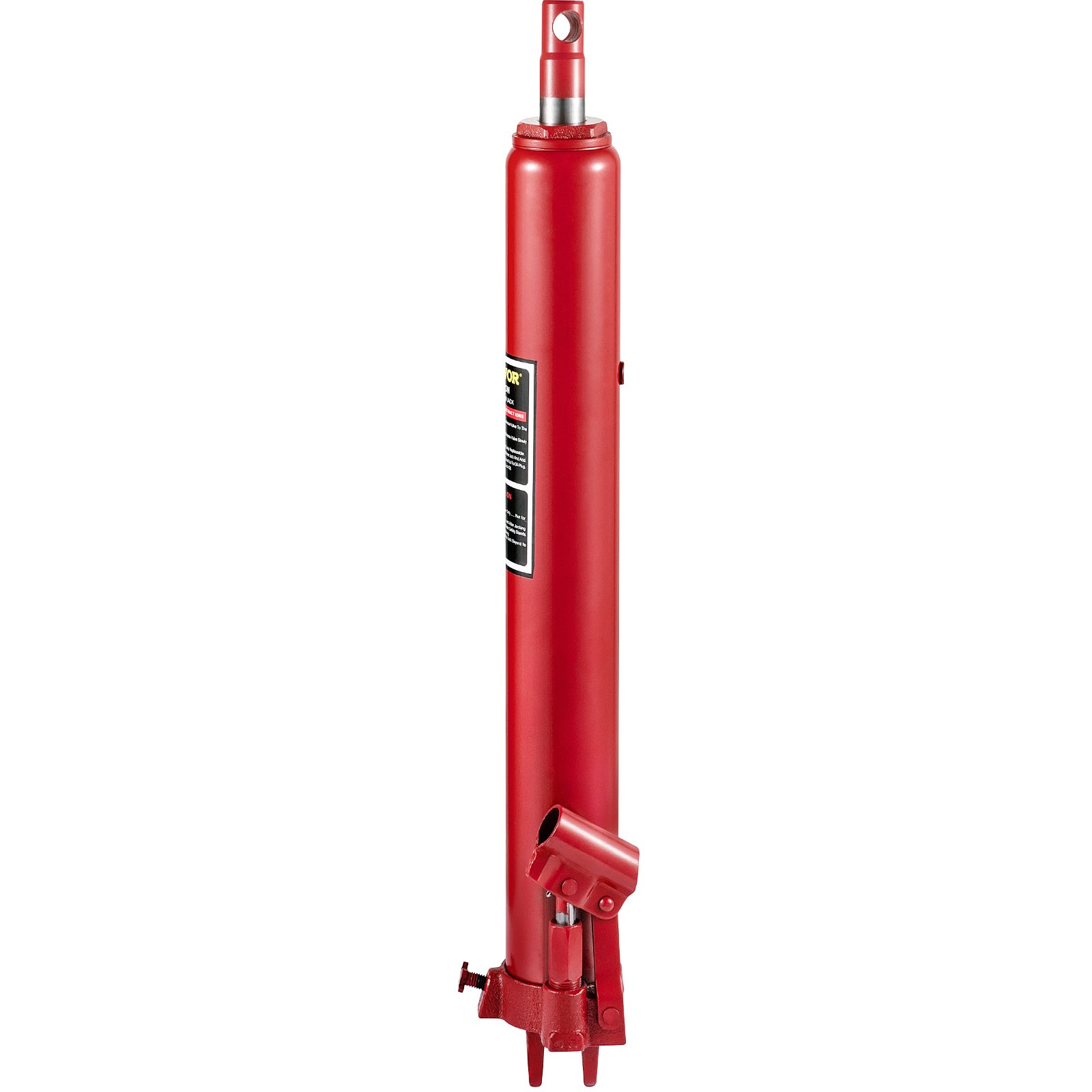 Gato hidráulico VEVOR rojo de cilindro largo en posición vertical con diseño cilíndrico y manija de bomba adjunta.