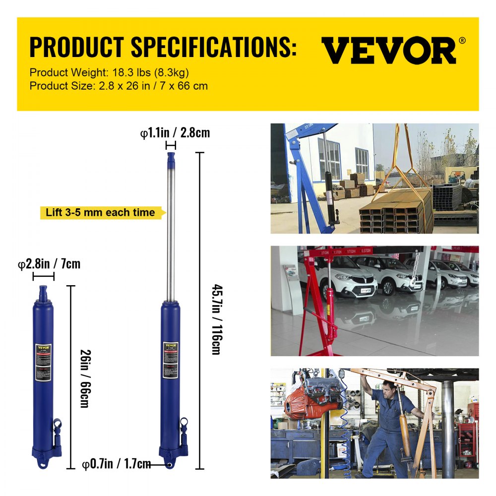 Gato hidráulico de carnero largo VEVOR, capacidad de 3 toneladas/6600 lbs, con bomba de pistón único y base de horquilla, selector de cereza manual con manija, para grúas de garaje/taller, elevador de motor, azul