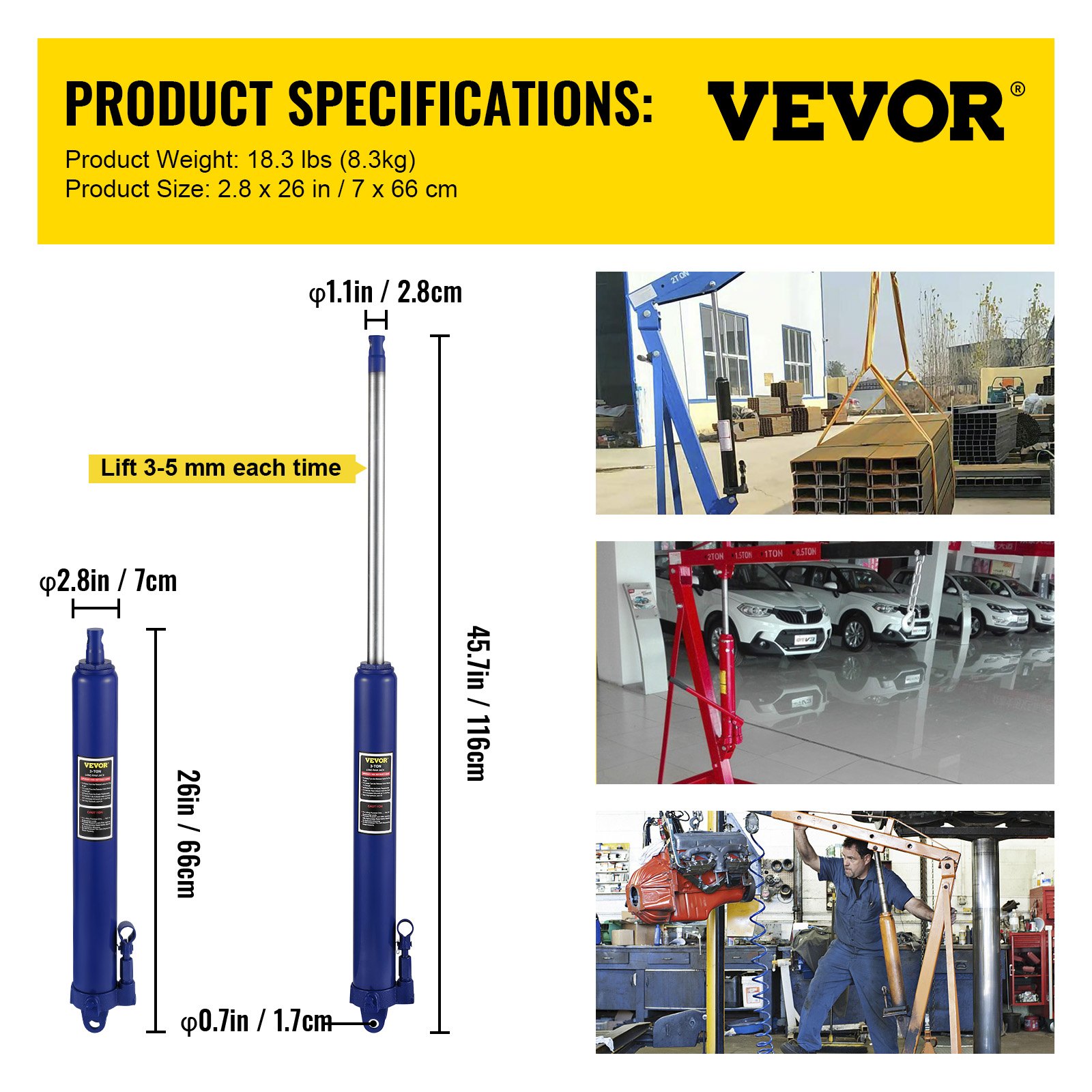 Gato hidráulico de carnero largo VEVOR, capacidad de 3 toneladas/6600 lbs, con bomba de pistón único y base de horquilla, selector de cereza manual con manija, para grúas de garaje/taller, elevador de motor, azul