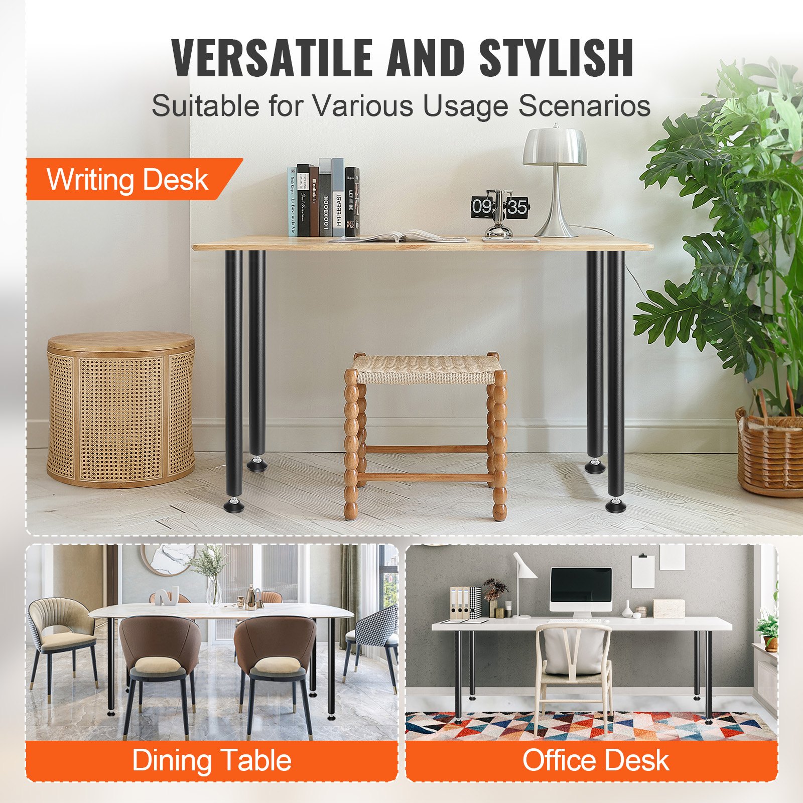 Patas de escritorio VEVOR versátiles que se utilizan para escritorios, mesas de comedor y escritorios de oficina en entornos elegantes.