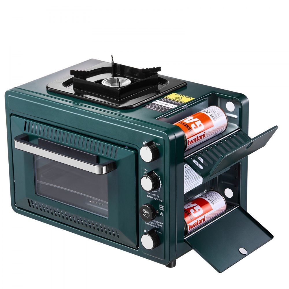 VEVOR Horno de exterior, estufa de gas portátil 2 en 1 para camping, fuego ajustable, temporizador de 60 minutos, resistente al viento, con parrilla y bandeja para asar, ideal para camping, picnics en el jardín y cocina al aire libre.