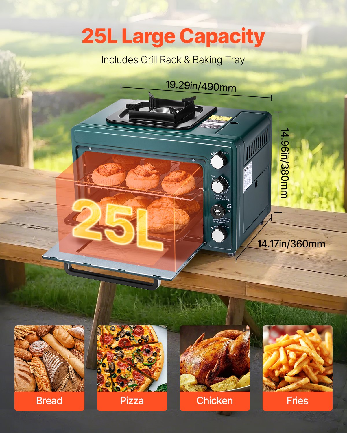 VEVOR Horno de exterior, estufa de gas portátil 2 en 1 para camping, fuego ajustable, temporizador de 60 minutos, resistente al viento, con parrilla y bandeja para asar, ideal para camping, picnics en el jardín y cocina al aire libre.