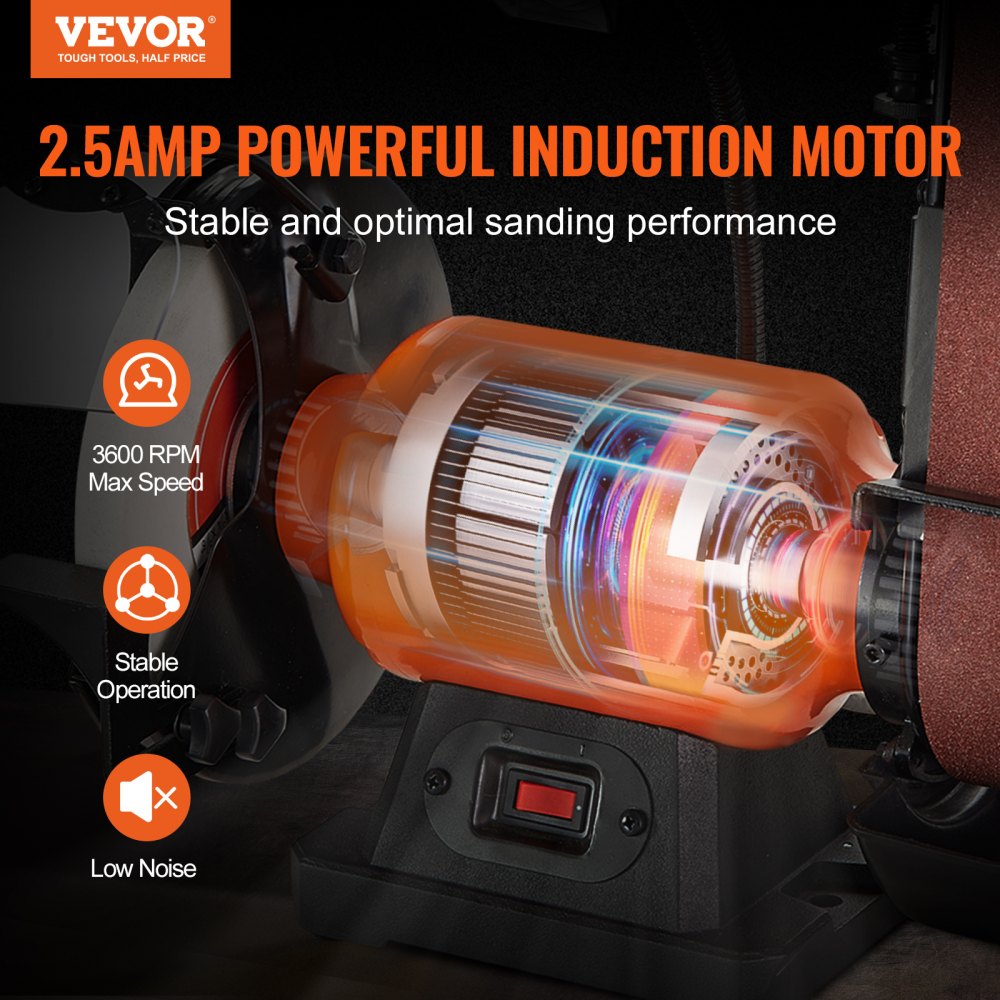 Amoladora de banco VEVOR de 8 pulgadas con lijadora de banda de 2 x 28 pulgadas, lijadora de banco con motor de inducción de 2,5 A para afilar y rectificar metales