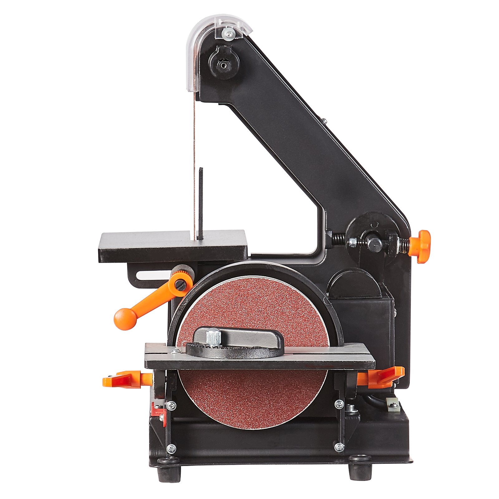 Lijadora de banda y disco VEVOR con banda y disco ajustables, base resistente y perillas de color naranja vibrante.