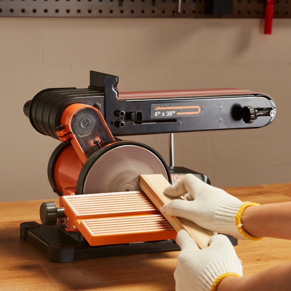VEVOR Combo de lijadora de disco de banda, lijadora de disco de 6" y lijadora de banda de 4"x36" con motor de inducción de 4.3A 3570RPM, lijadora de banco y correa inclinable de 0-90° y mesa de trabajo de aluminio fundido ajustable de 0-45° para carpintería