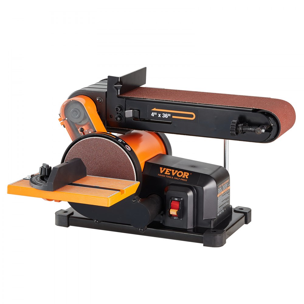VEVOR Combo de lijadora de disco de banda, lijadora de disco de 6" y lijadora de banda de 4"x36" con motor de inducción de 4.3A 3570RPM, lijadora de banco y correa inclinable de 0-90° y mesa de trabajo de aluminio fundido ajustable de 0-45° para carpintería
