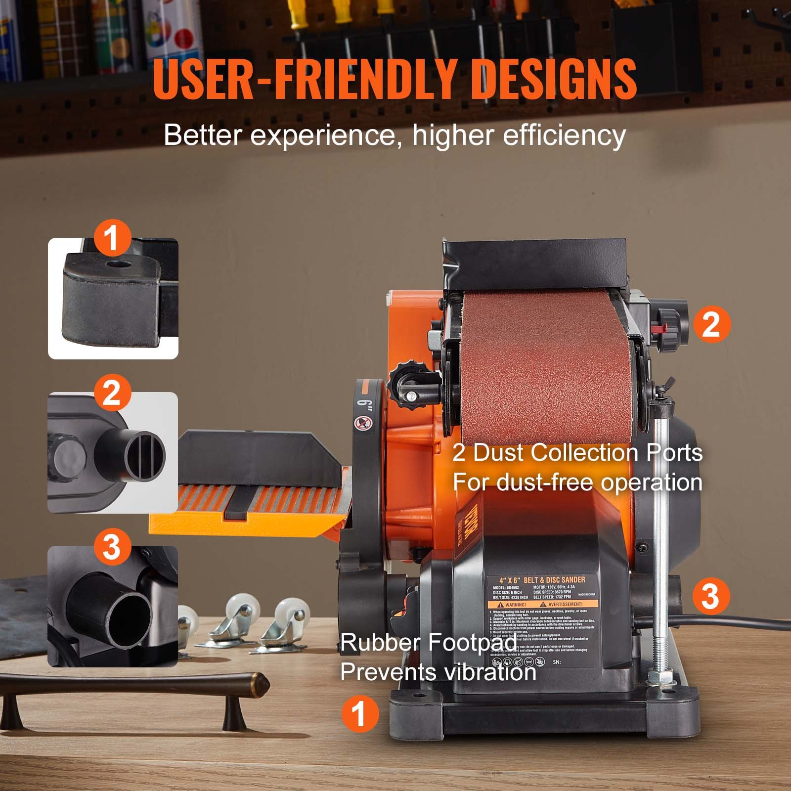 VEVOR Combo de lijadora de disco de banda, lijadora de disco de 6" y lijadora de banda de 4"x36" con motor de inducción de 4.3A 3570RPM, lijadora de banco y correa inclinable de 0-90° y mesa de trabajo de aluminio fundido ajustable de 0-45° para carpintería