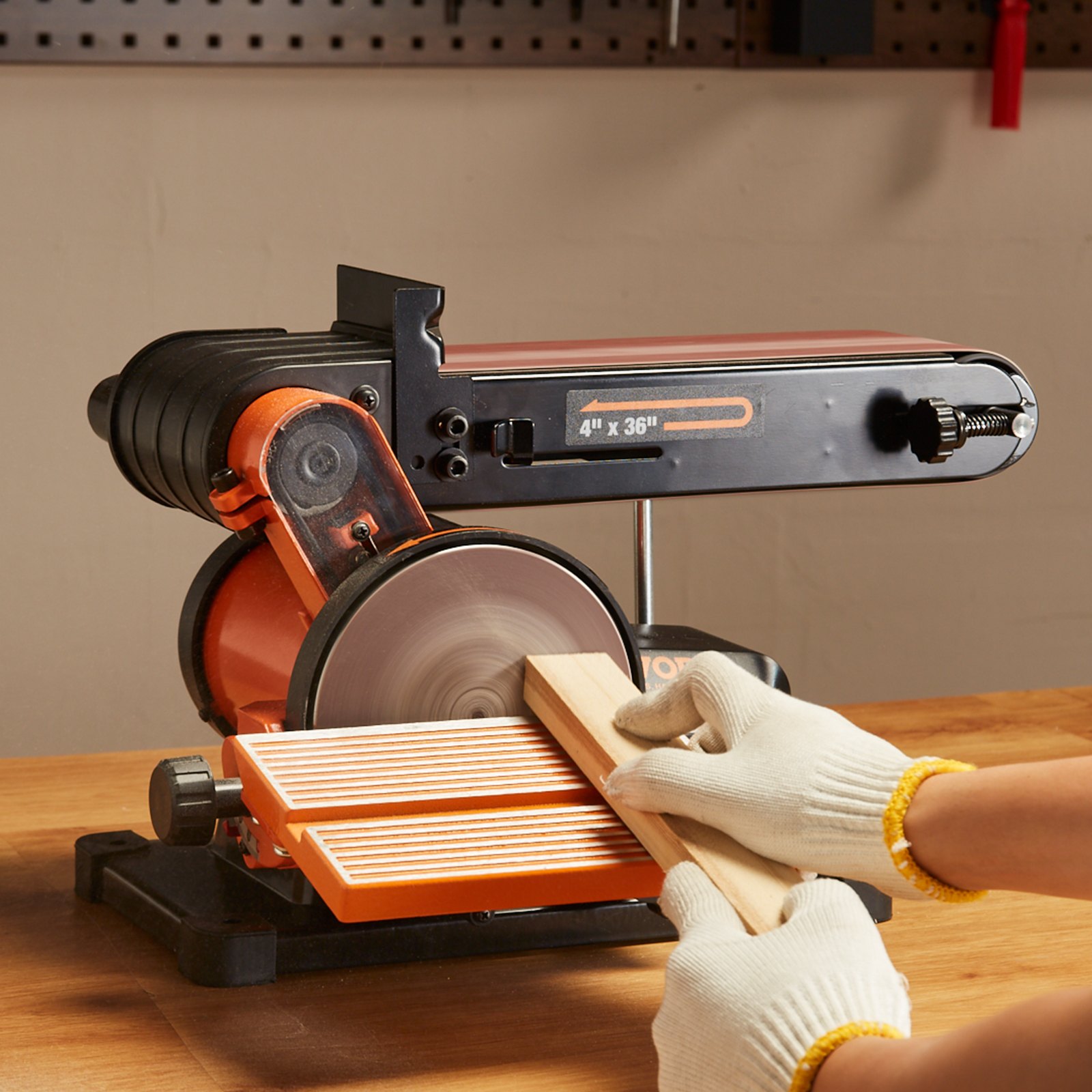 VEVOR Combo de lijadora de disco de banda, lijadora de disco de 6" y lijadora de banda de 4"x36" con motor de inducción de 4.3A 3570RPM, lijadora de banco y correa inclinable de 0-90° y mesa de trabajo de aluminio fundido ajustable de 0-45° para carpintería