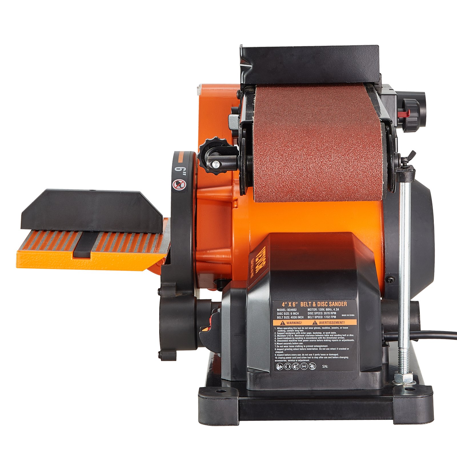 VEVOR Combo de lijadora de disco de banda, lijadora de disco de 6" y lijadora de banda de 4"x36" con motor de inducción de 4.3A 3570RPM, lijadora de banco y correa inclinable de 0-90° y mesa de trabajo de aluminio fundido ajustable de 0-45° para carpintería