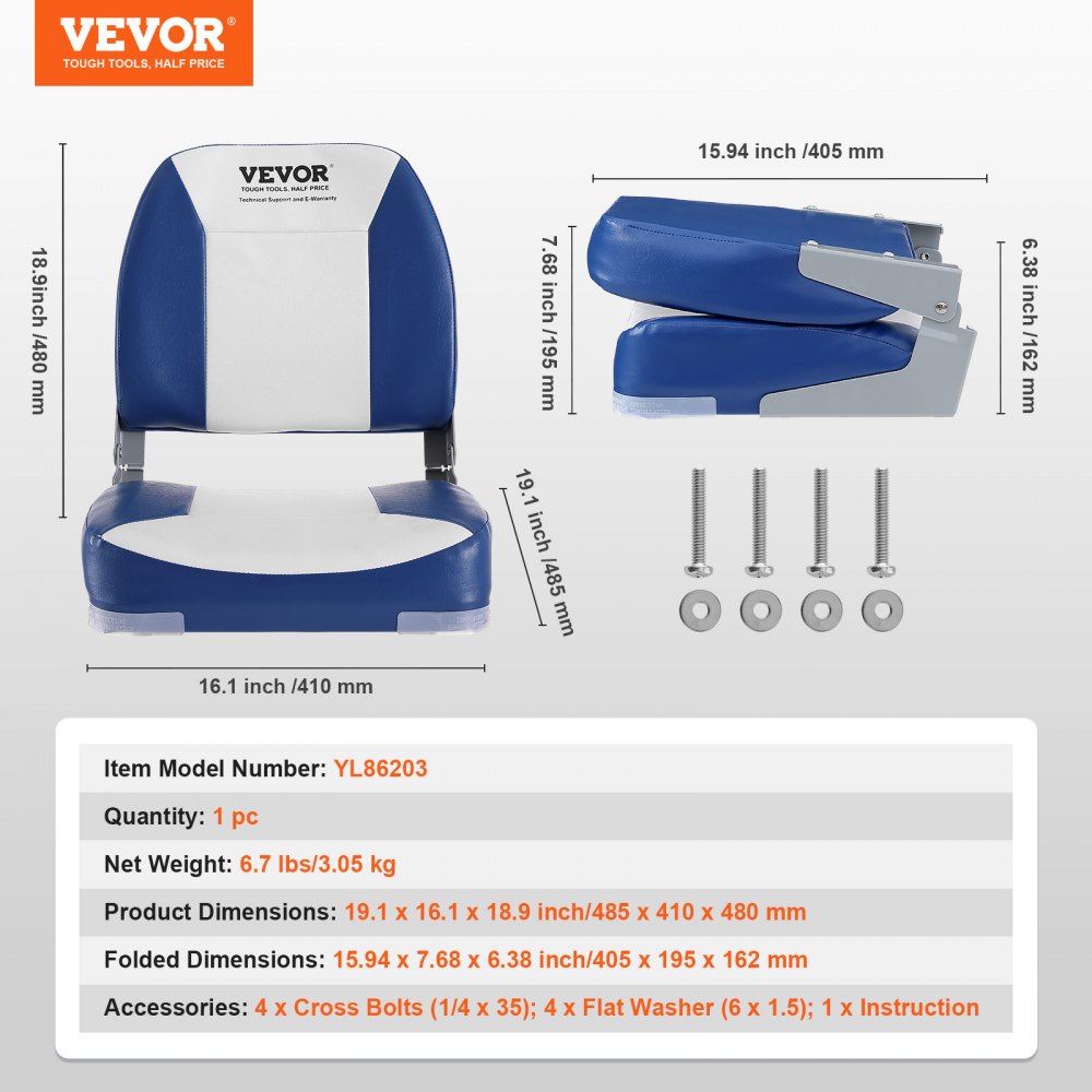 VEVOR Asiento para barco con respaldo bajo, silla plegable para barco de pesca con acolchado de esponja, paquete de 2