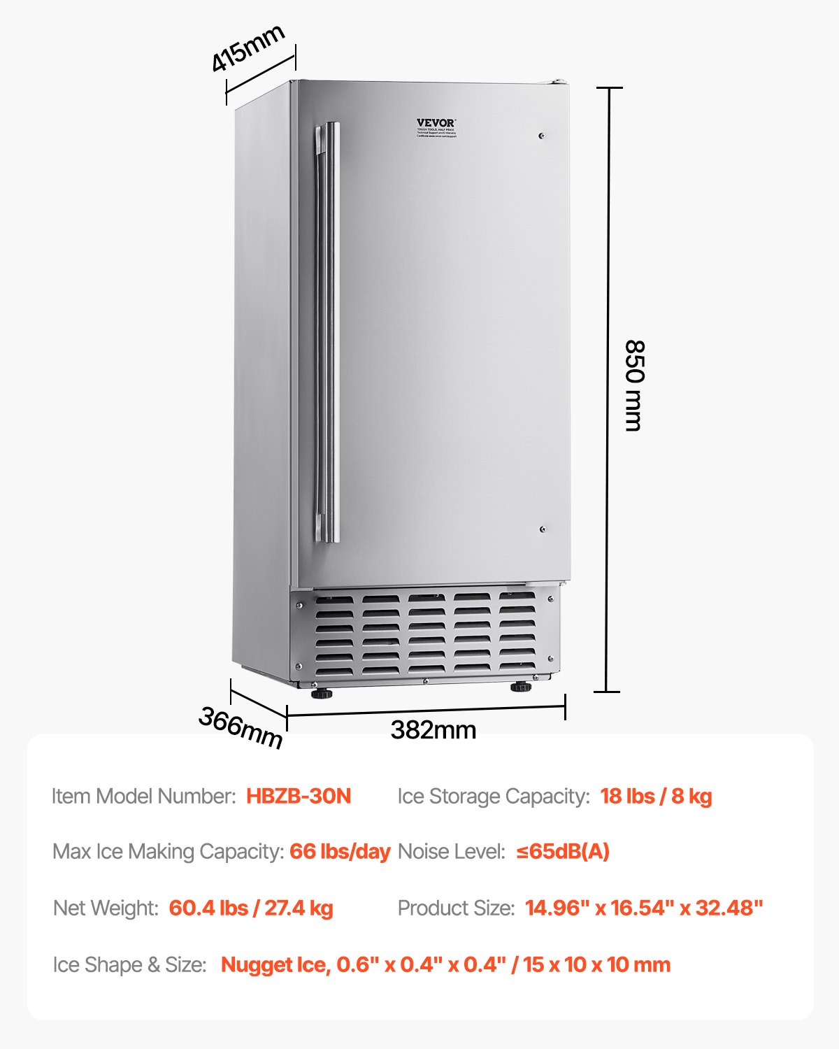 VEVOR Máquina de hielo empotrada bajo encimera, 30 kg/día, con bomba de drenaje, puerta reversible, acero inoxidable, para cocinas comerciales y domésticas.