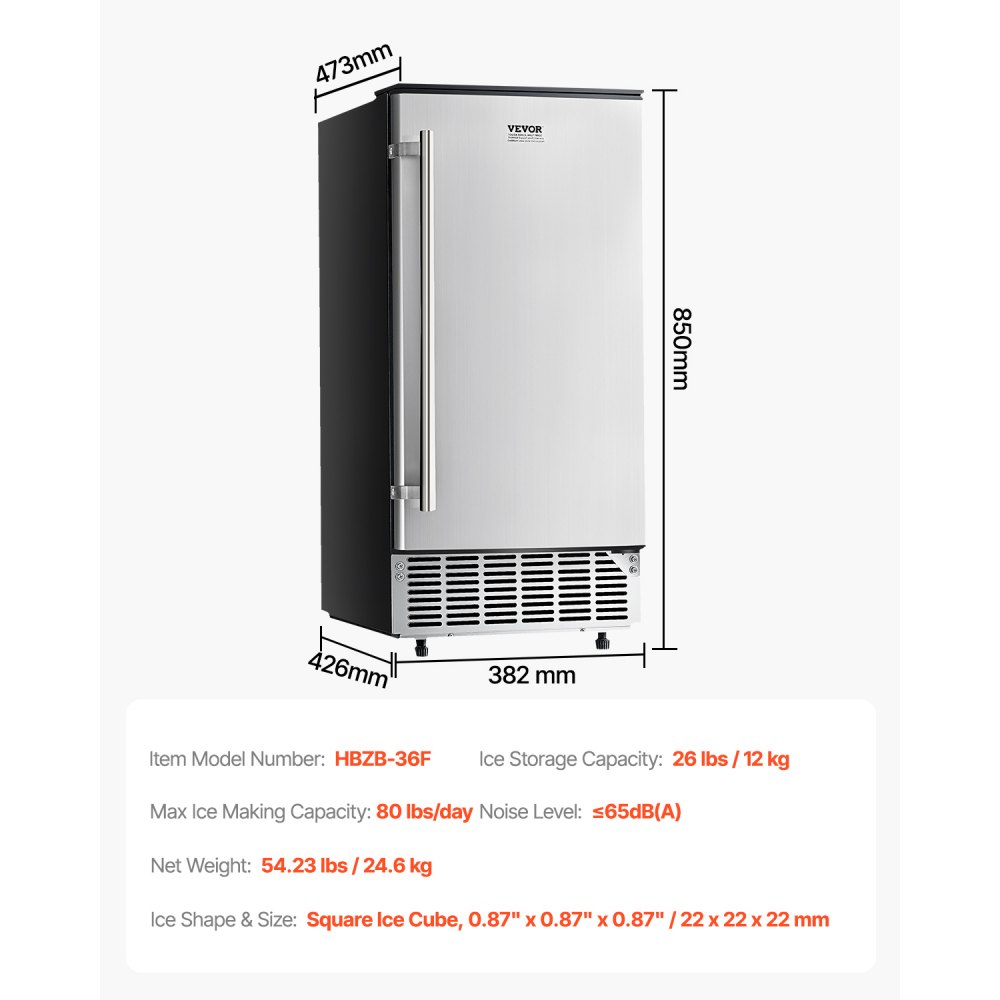 VEVOR Máquina de hielo empotrada bajo encimera, 80 lb/día, con bomba de drenaje, puerta reversible, acero inoxidable, máquina de hielo independiente para cocinas comerciales y domésticas.
