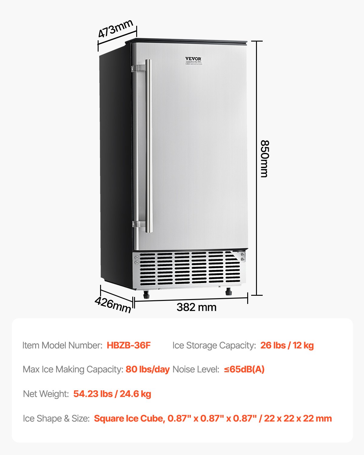 VEVOR Máquina de hielo empotrada bajo encimera, 80 lb/día, con bomba de drenaje, puerta reversible, acero inoxidable, máquina de hielo independiente para cocinas comerciales y domésticas.