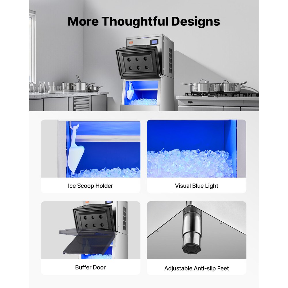 Máquina para fabricar hielo comercial VEVOR, 203 kg/24 h, con depósito de almacenamiento grande de 113 kg, autolimpiable y con pantalla táctil para bares, cafeterías, restaurantes y negocios comerciales.