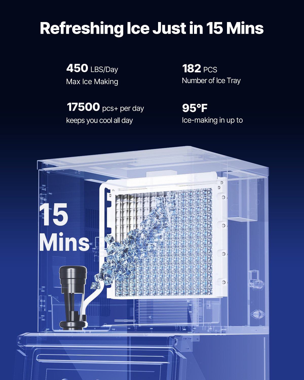 Máquina para fabricar hielo comercial VEVOR, 203 kg/24 h, con depósito de almacenamiento grande de 113 kg, autolimpiable y con pantalla táctil para bares, cafeterías, restaurantes y negocios comerciales.