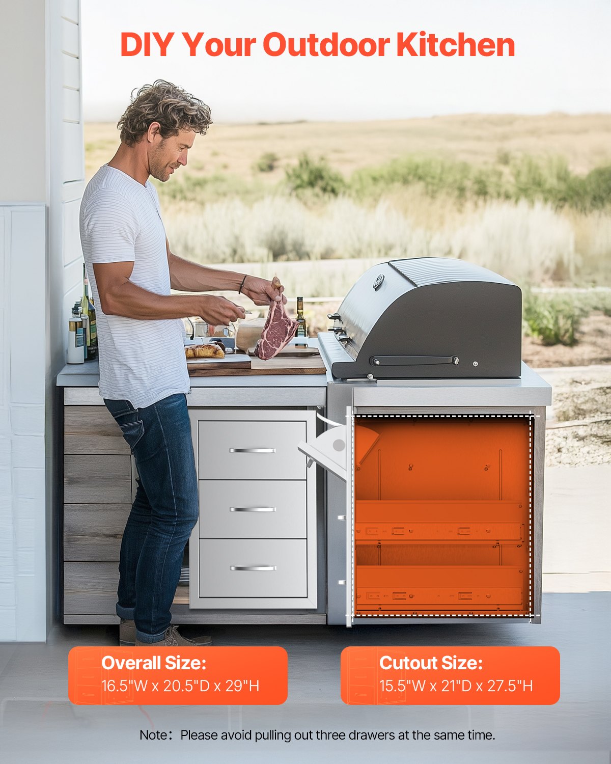 Cajones de cocina para exteriores VEVOR, 42 cm de ancho x 73 cm de alto x 52 cm de profundidad, con triple acceso, armarios empotrados de acero inoxidable, cajones para isla de barbacoa con soporte para toallas de papel y tirador, para parrilla de patio.