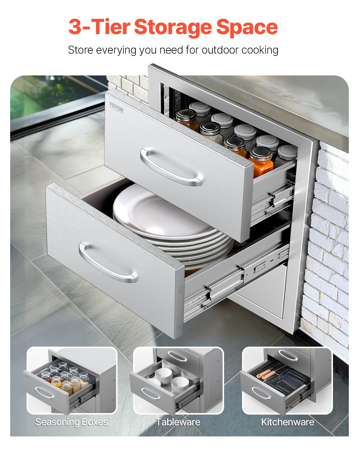 Cajones de cocina para exteriores VEVOR, 47 cm de ancho x 57 cm de alto x 57 cm de profundidad, con triple acceso, armarios empotrados de acero inoxidable, cajones para isla de barbacoa con asa, para cocinas al aire libre o parrillas de patio.