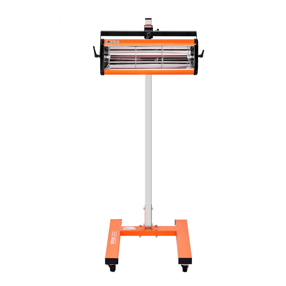 Lámpara de curado por infrarrojos VEVOR con soporte ajustable y base naranja sobre ruedas.
