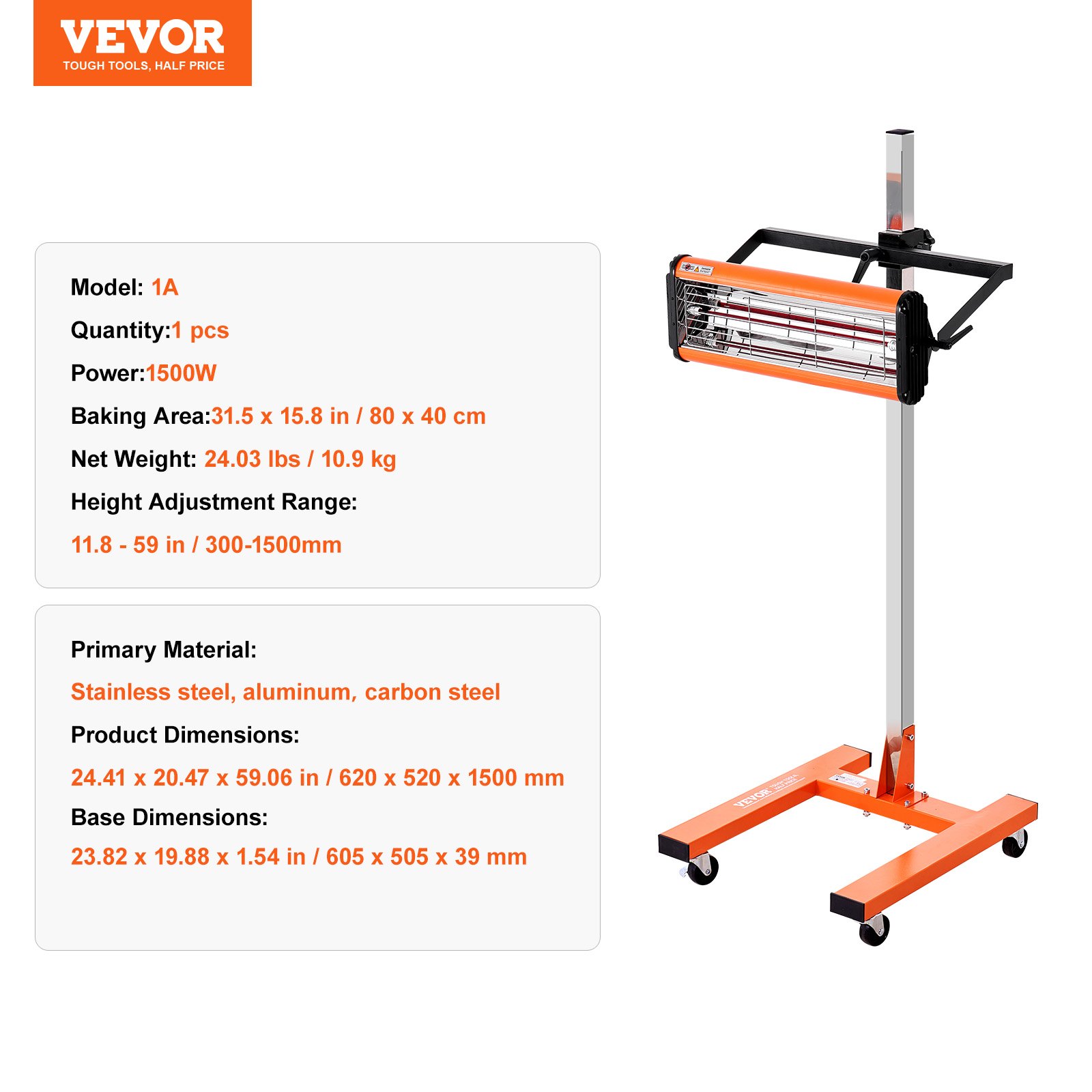 Lámpara de curado por infrarrojos VEVOR, potencia 1500w, altura regulable, color naranja y plata, sobre base rodante.