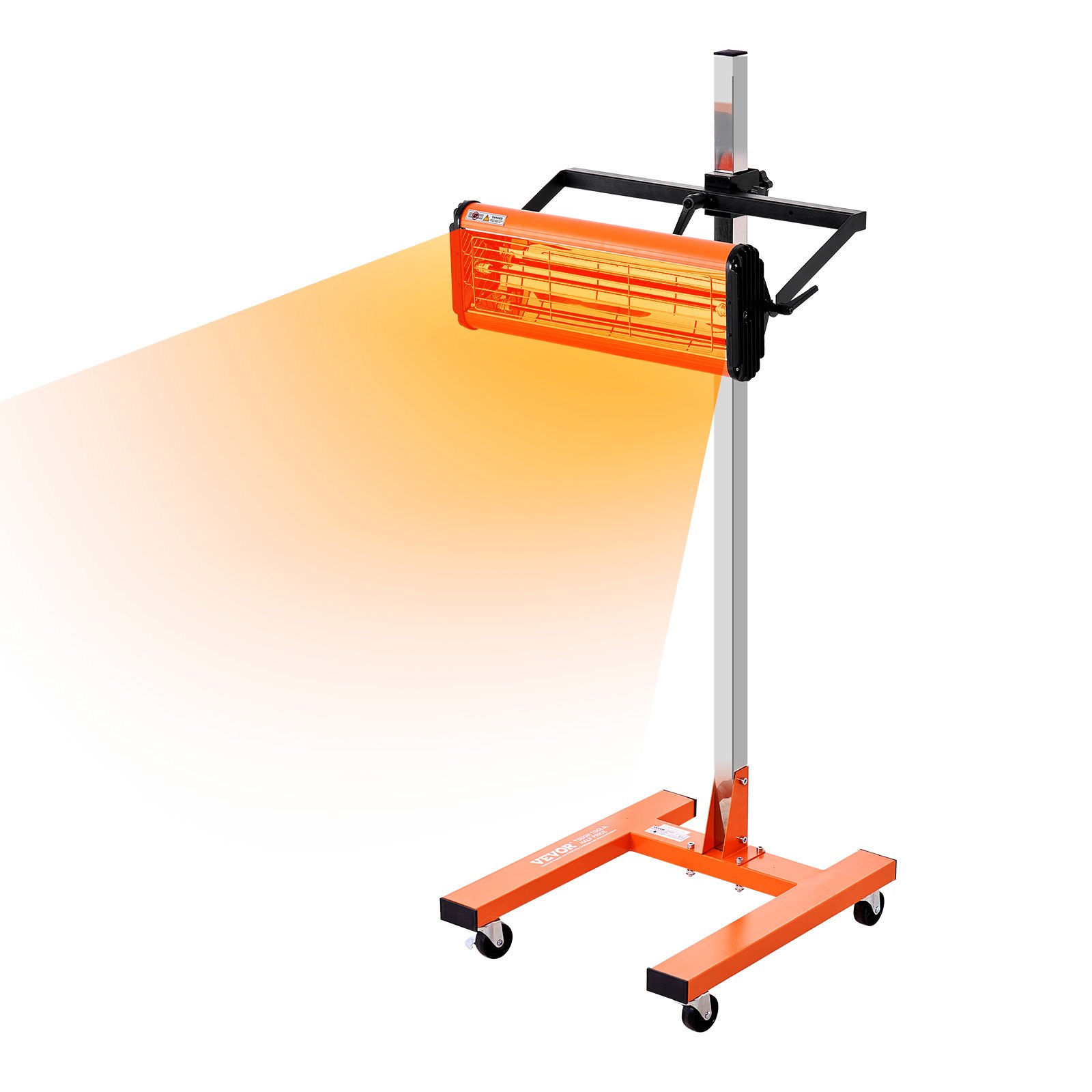 Lámpara de curado por infrarrojos VEVOR naranja sobre un soporte negro con ruedas giratorias, que emite una luz naranja.