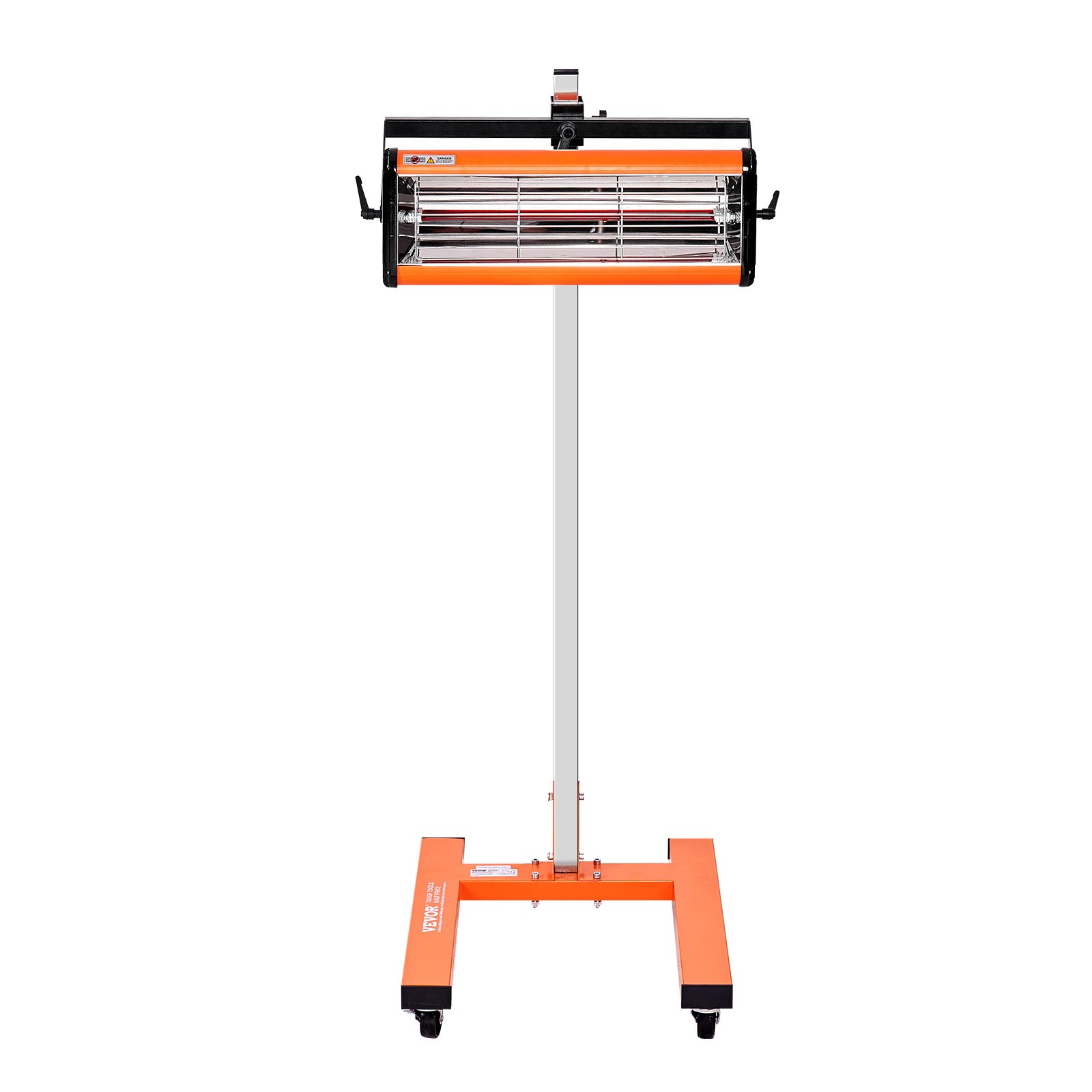 Lámpara de curado por infrarrojos VEVOR con soporte ajustable y base naranja sobre ruedas.