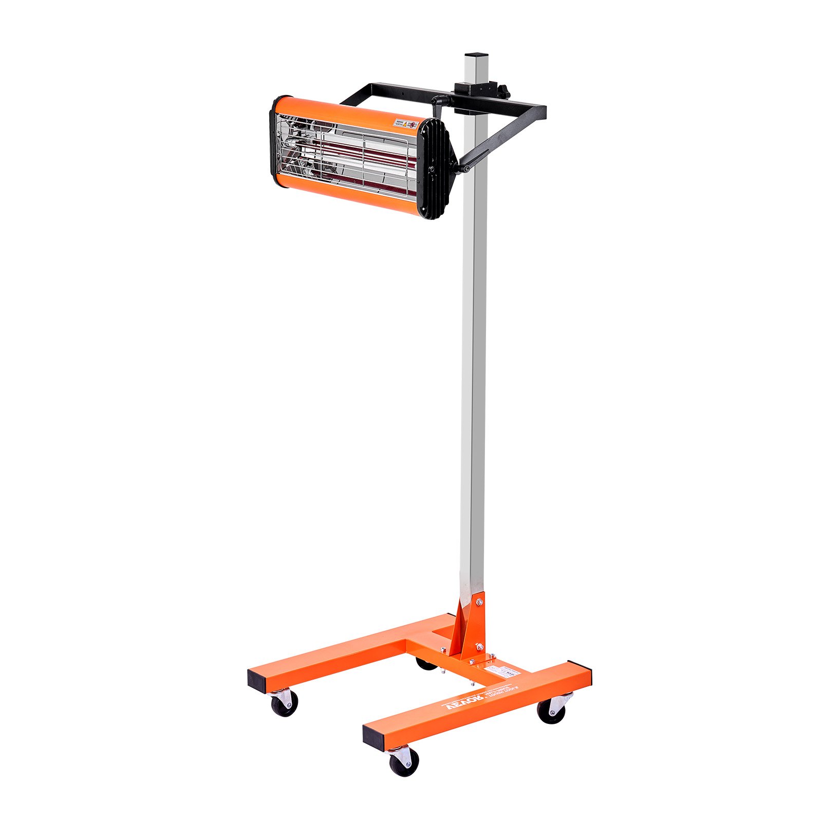Lámpara de curado por infrarrojos VEVOR naranja sobre soporte ajustable con ruedas.