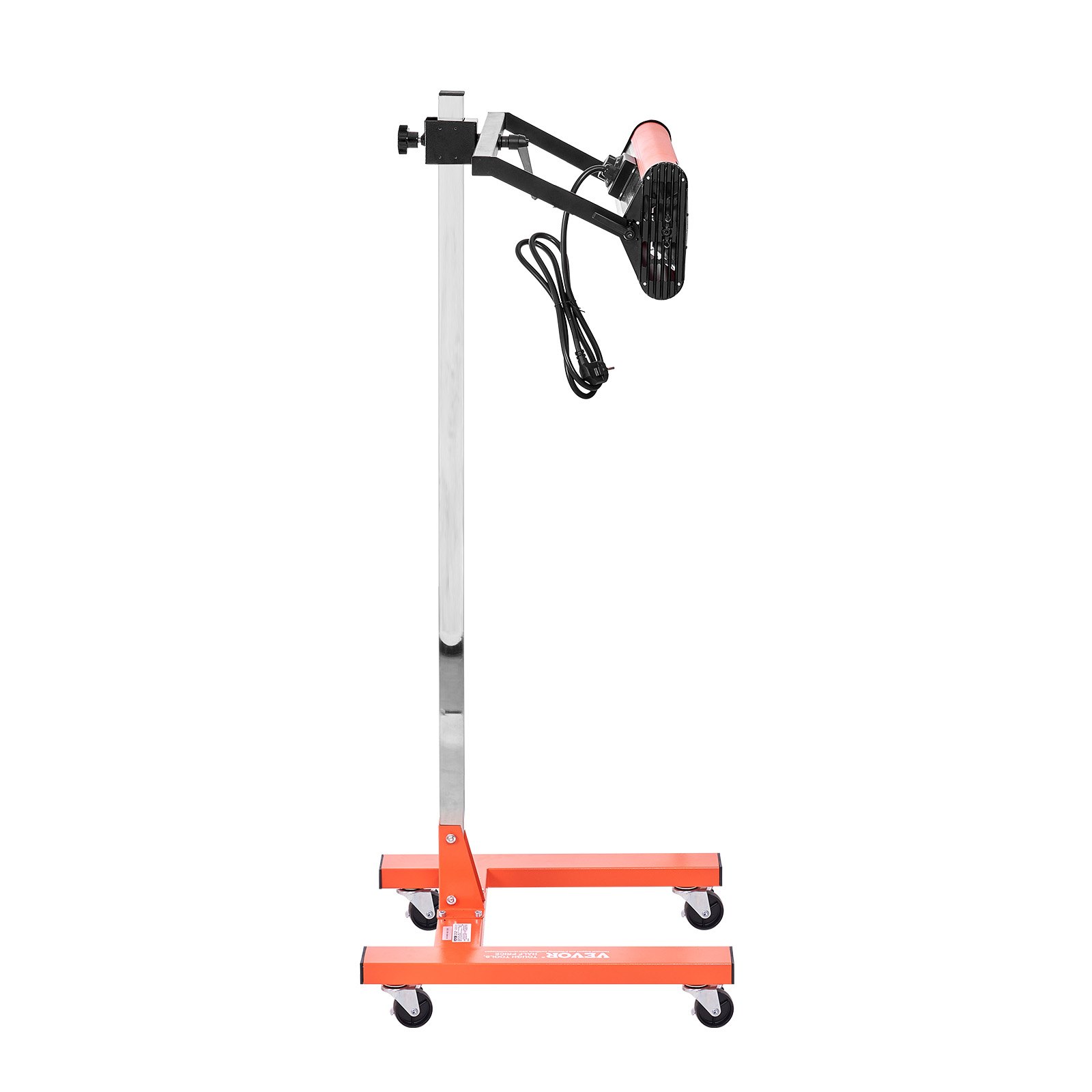 Lámpara de curado por infrarrojos VEVOR sobre soporte ajustable con elemento calefactor rojo y base naranja.