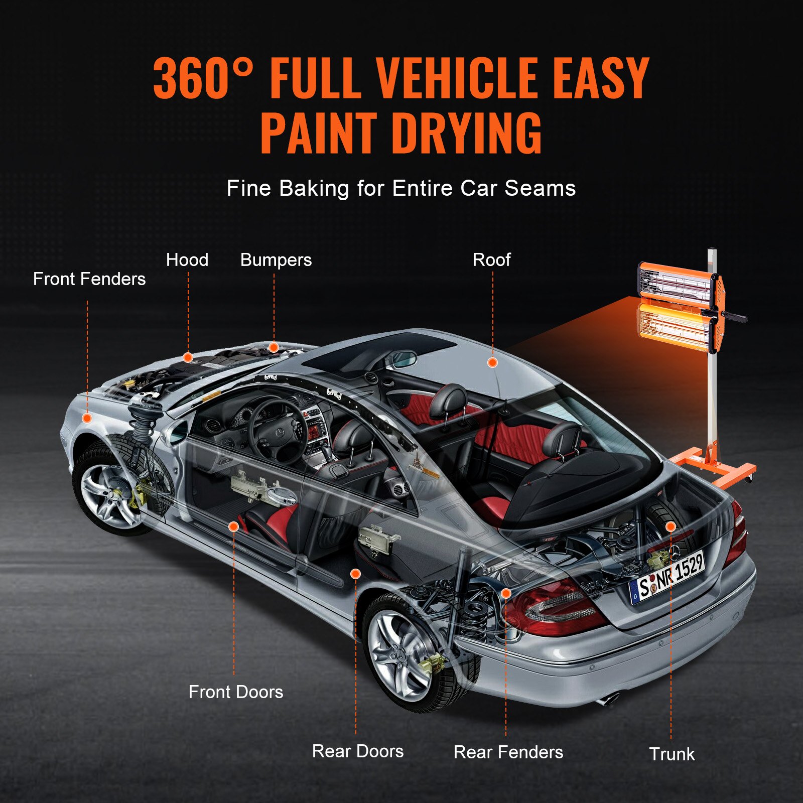 Lámpara de curado por infrarrojos VEVOR para secado completo de pintura de vehículos de 360° con piezas de automóvil etiquetadas y lámpara de calentamiento.