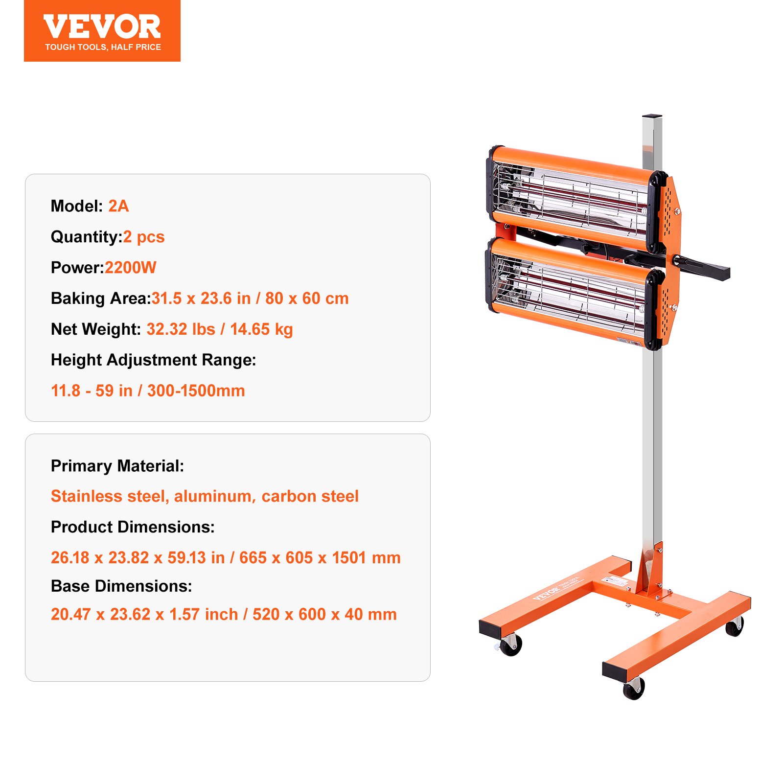 Lámpara de curado por infrarrojos VEVOR, 2200w, acero inoxidable, aluminio, altura ajustable, color naranja, 2 uds.