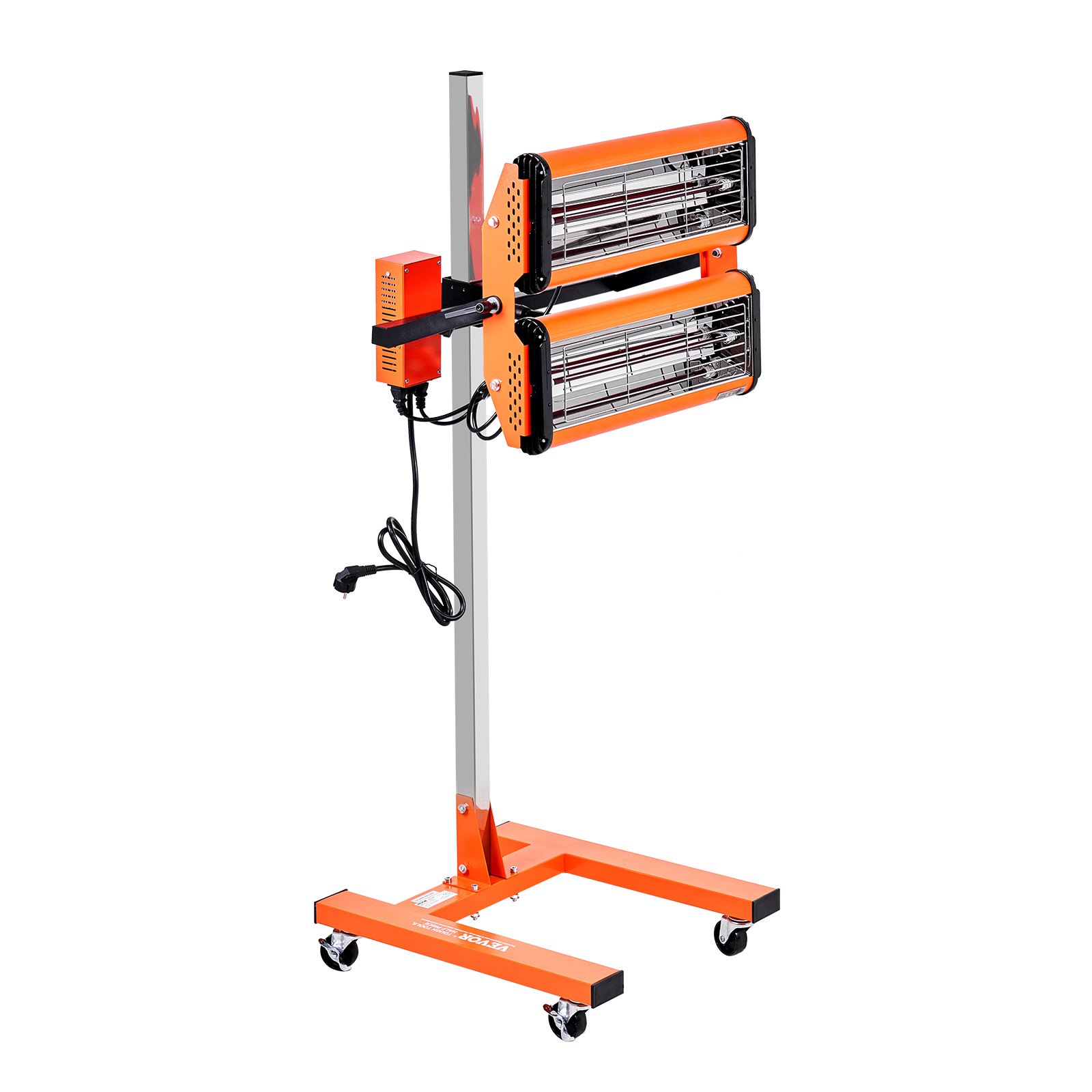 Lámpara de curado por infrarrojos VEVOR naranja con dos elementos calefactores sobre soporte de metal con ruedas.