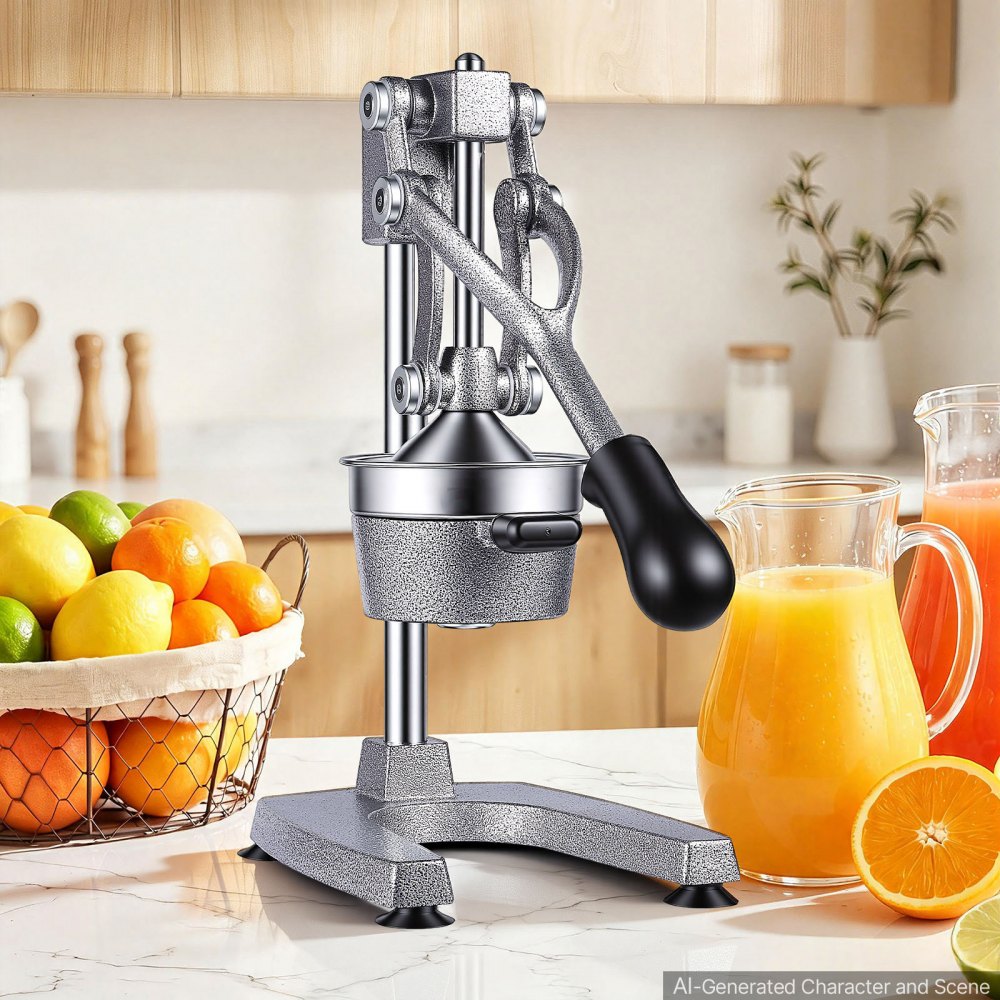 Exprimidor manual de cítricos VEVOR, exprimidor manual de naranjas de 38 cm de altura, extractor de jugo fresco manual para limón, granada y pomelo, hierro fundido resistente, fácil de limpiar, para uso doméstico y comercial, gris plateado.